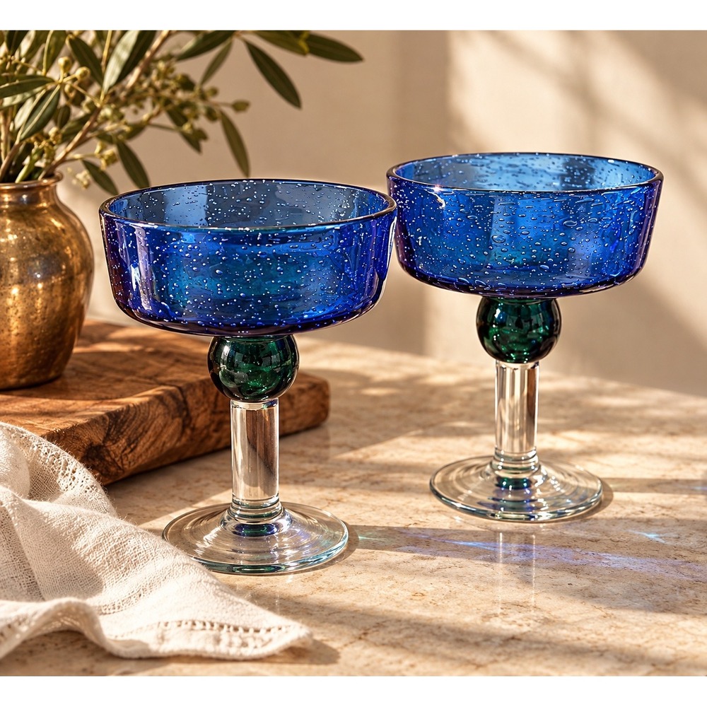 Vintage Blue Green Glass Seeded Bubble Margarita Glasses Set of Two Cocktail Bar